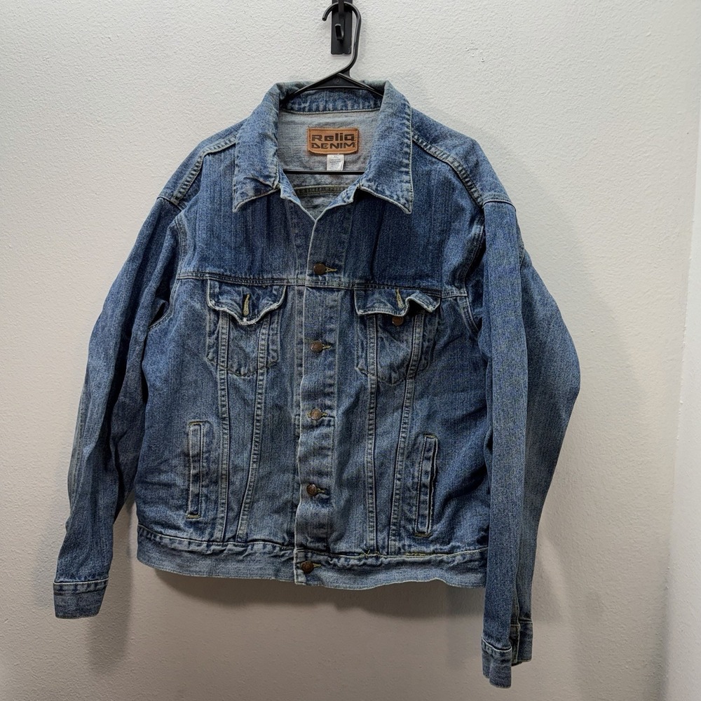 Reliq 90s Vintage Denim Jean Jacket Size XL Grunge Trucker Style Distressed Mens